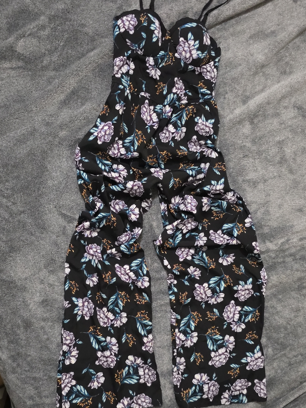 Black Floral Wide-Leg Strap Jumpsuit with Lavender Blooms